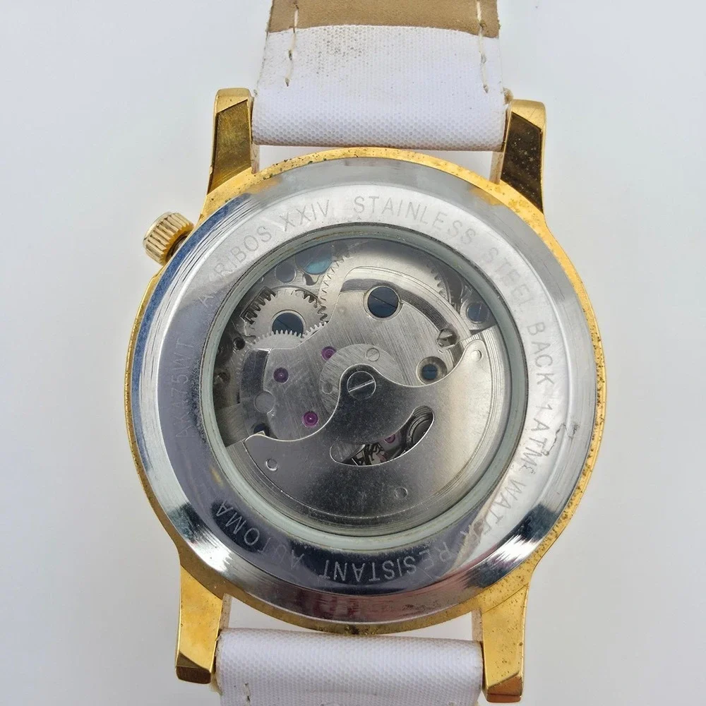 AKRIBOS XXIV Ladies Skeleton Watch Automatic Self Winding Gears Gold Plate 7.75